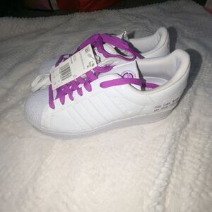 White Adidas Sneakers with Purple Laces